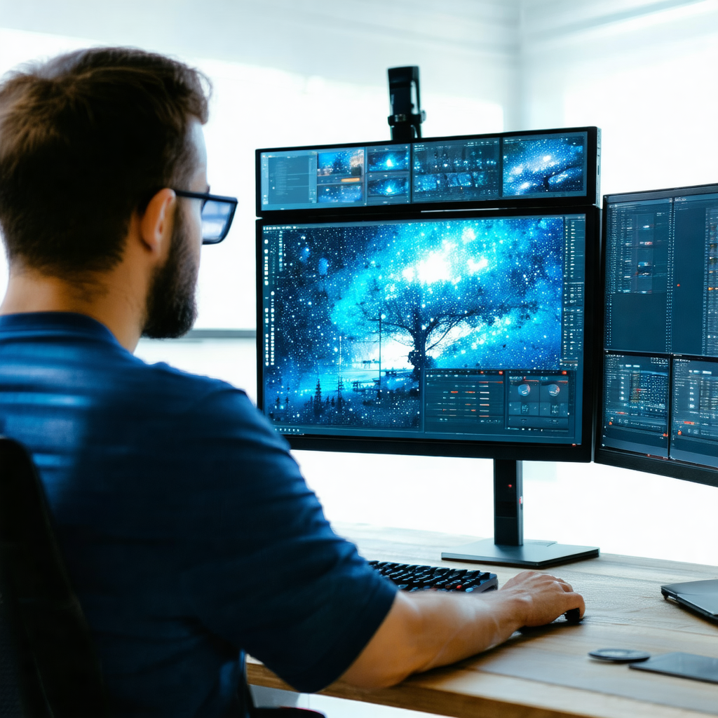Man sitting at a desk in front of a large computer monitor