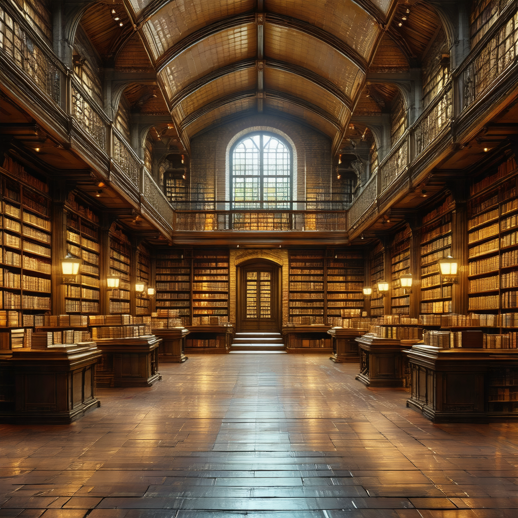 Large, ornate library filled with numerous books