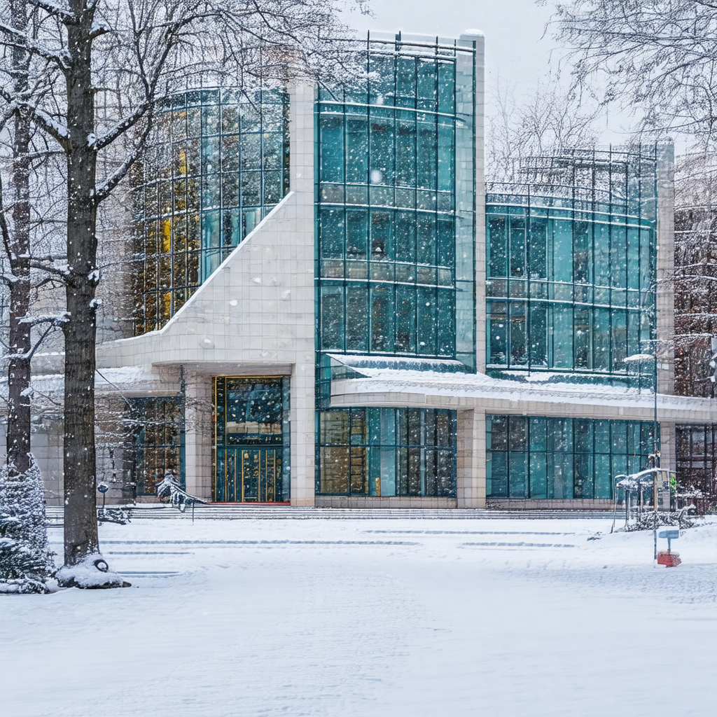 Large, modern building with a snow-covered roof