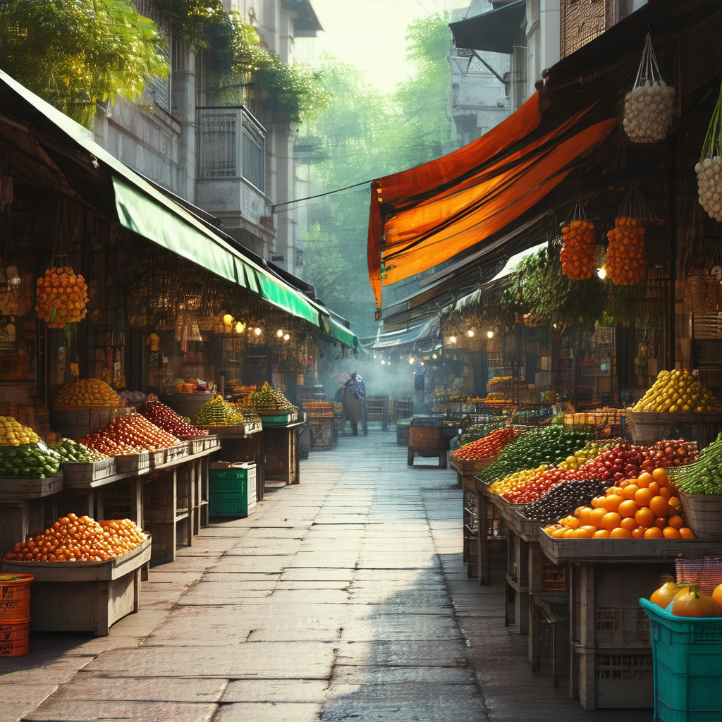 Bustling marketplace filled with various fruits and veget...