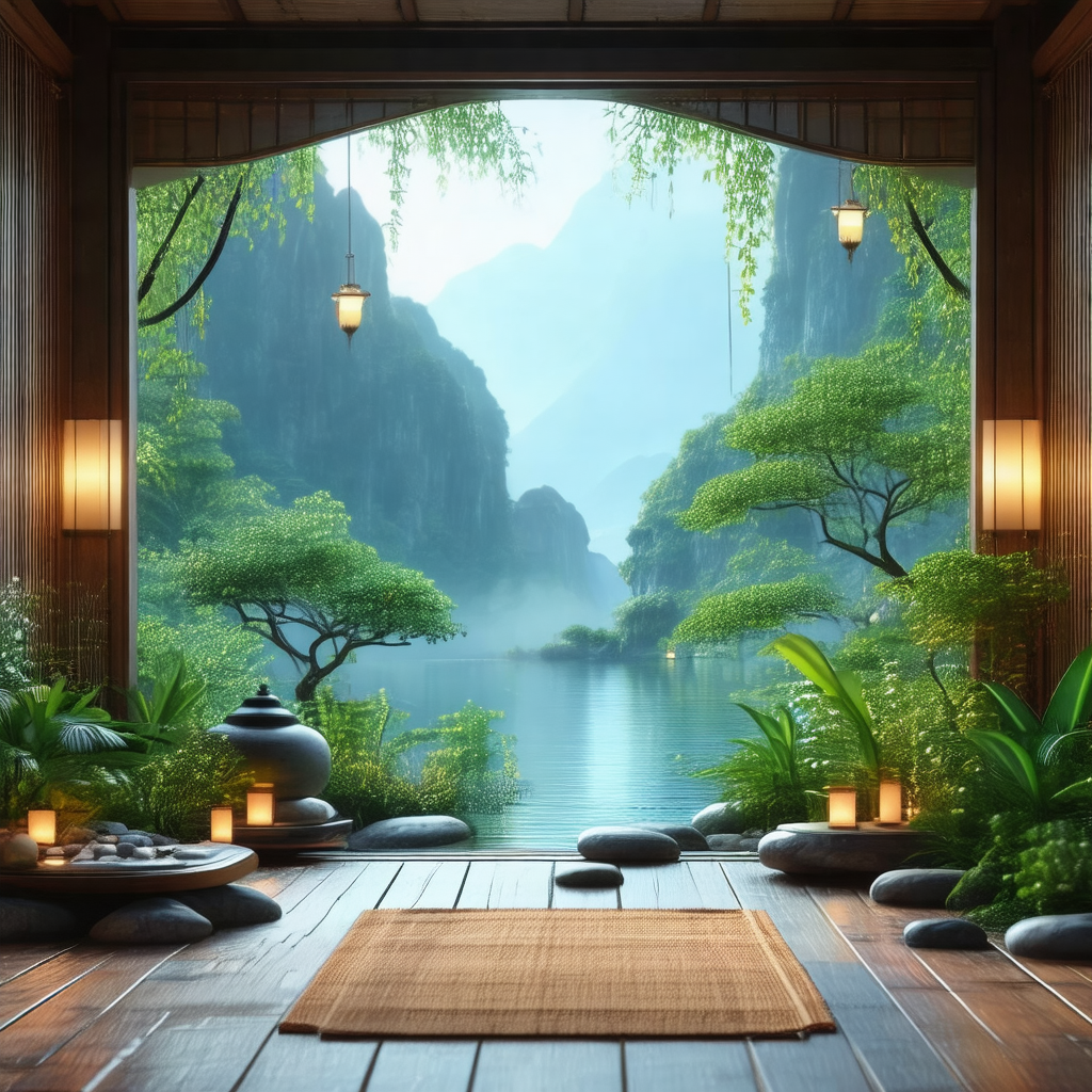 Beautifully rendered 3d scene of a serene garden with a p...