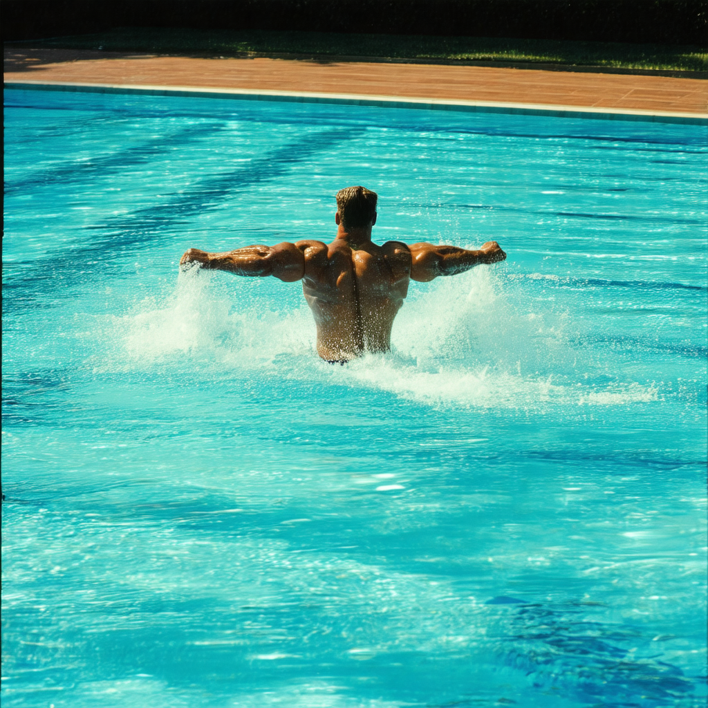 Man in a swimming pool, splashing water as he swims