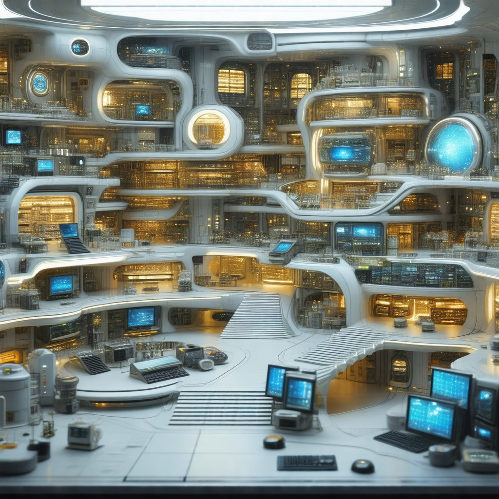 Futuristic, high-tech computer lab filled with various co...