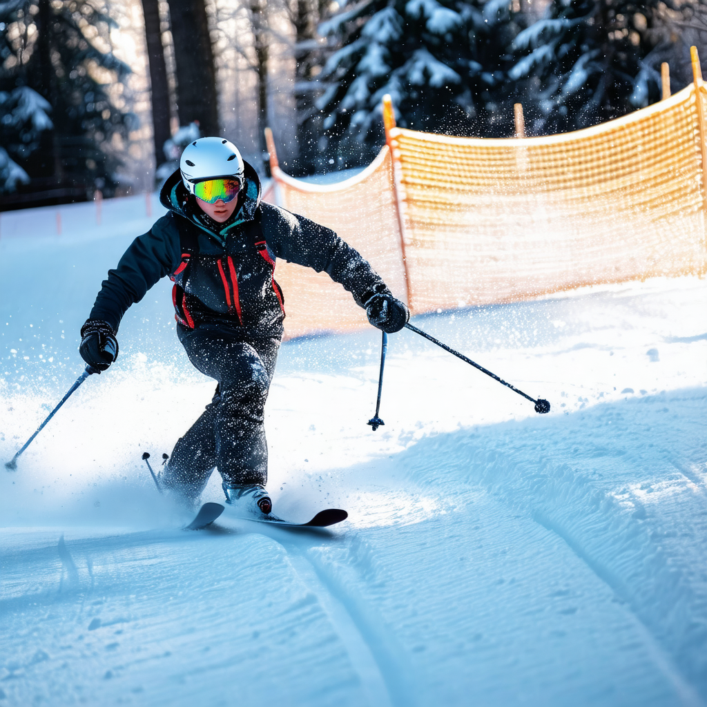 Captures a man skiing down a snow-covered slope