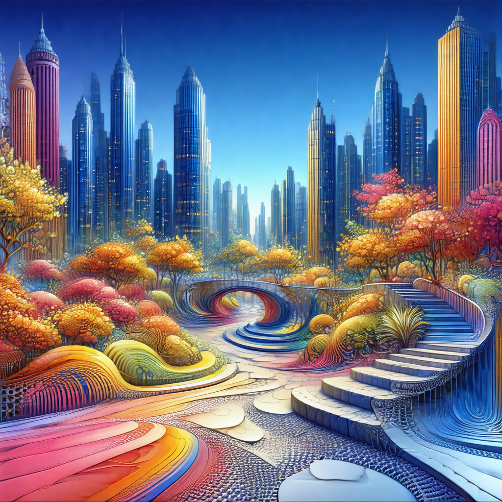 Painting of a cityscape with a large, colorful staircase ...
