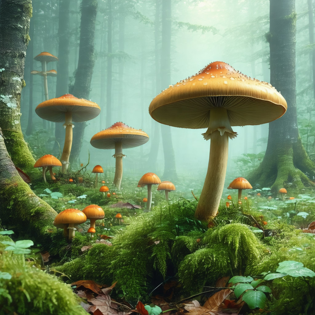 Lush green forest filled with mushrooms