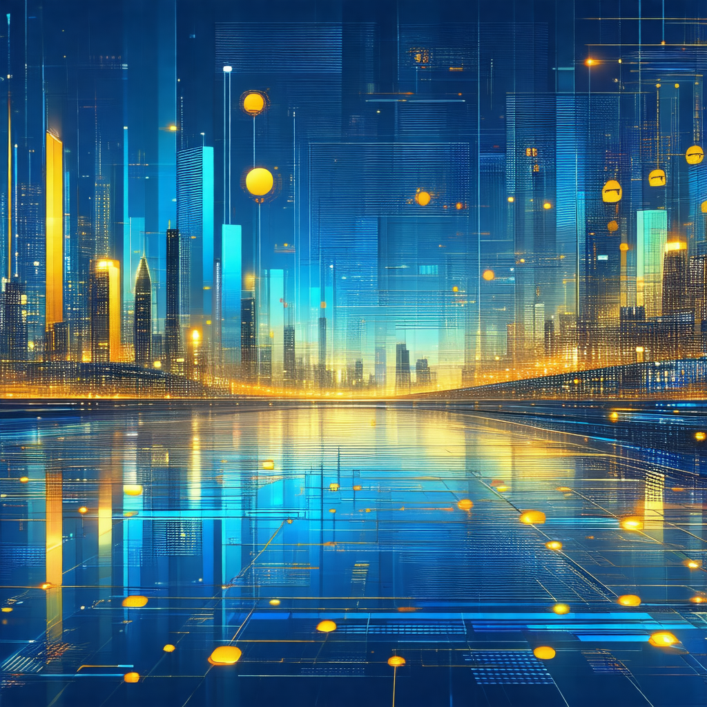 Futuristic cityscape with a large body of water in the fo...
