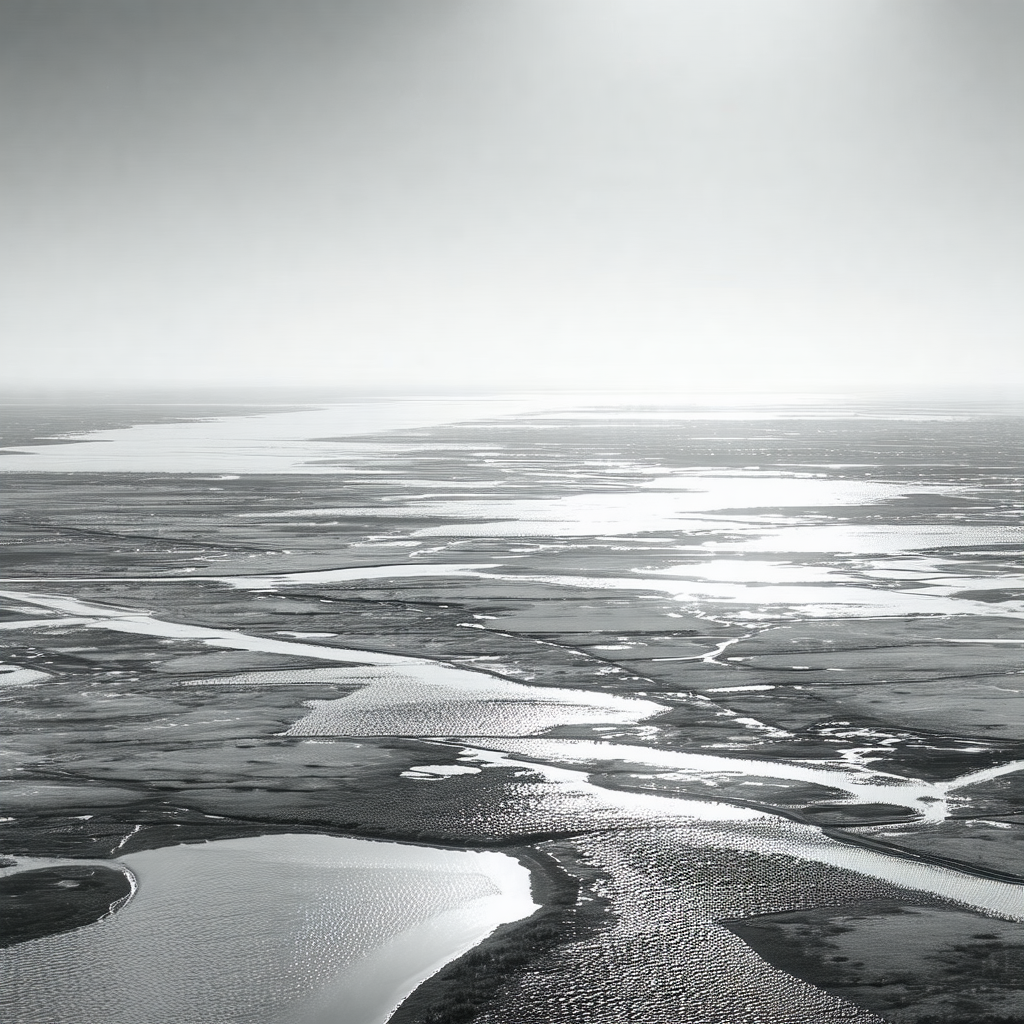 Black and white photo of a large body of water, possibly ...