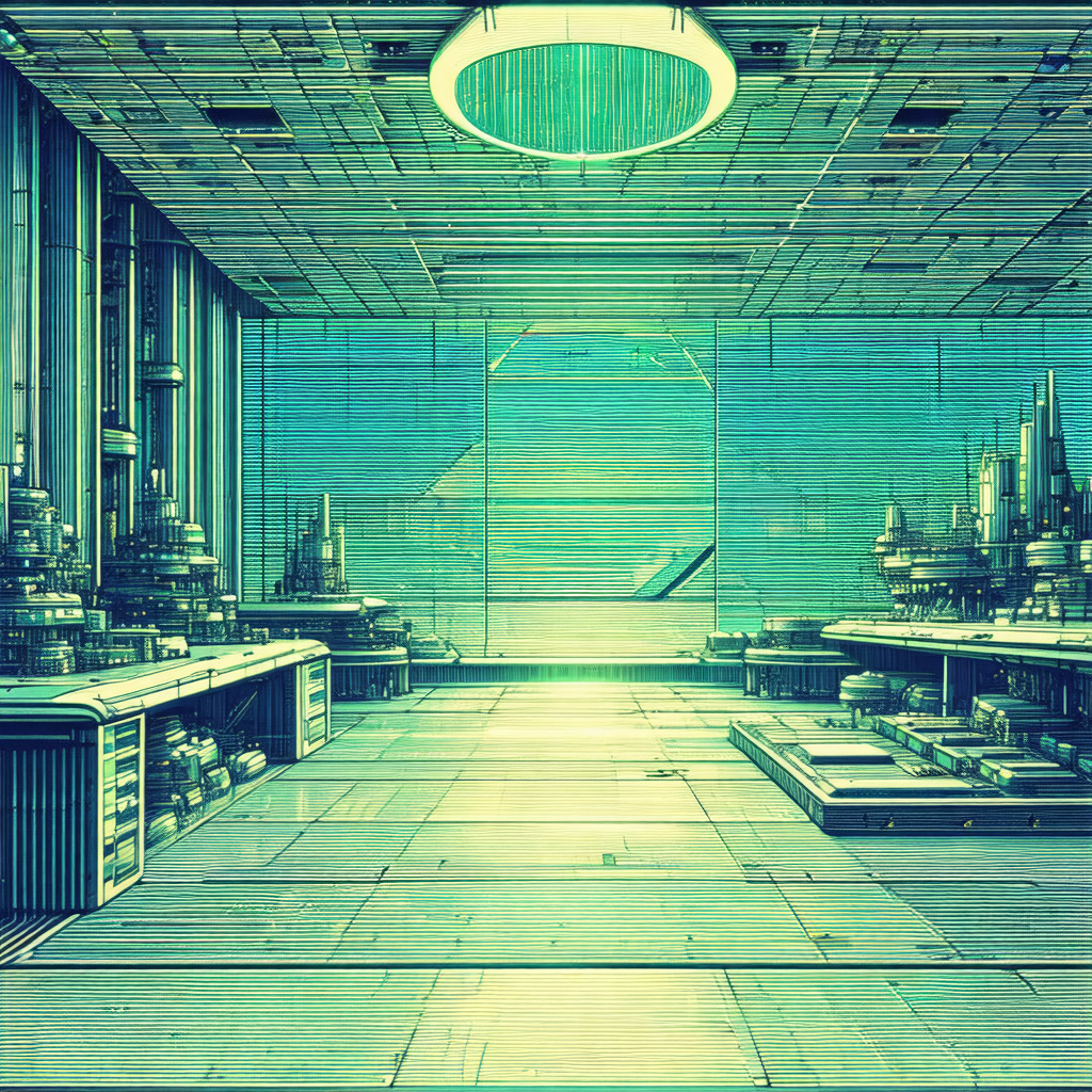 Futuristic, computer-generated drawing of a large room wi...