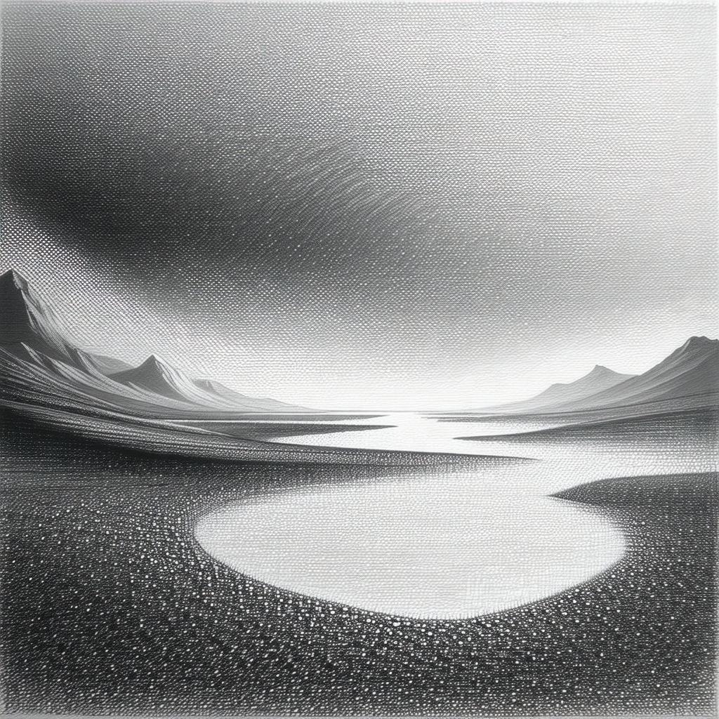 Black and white painting of a mountainous landscape