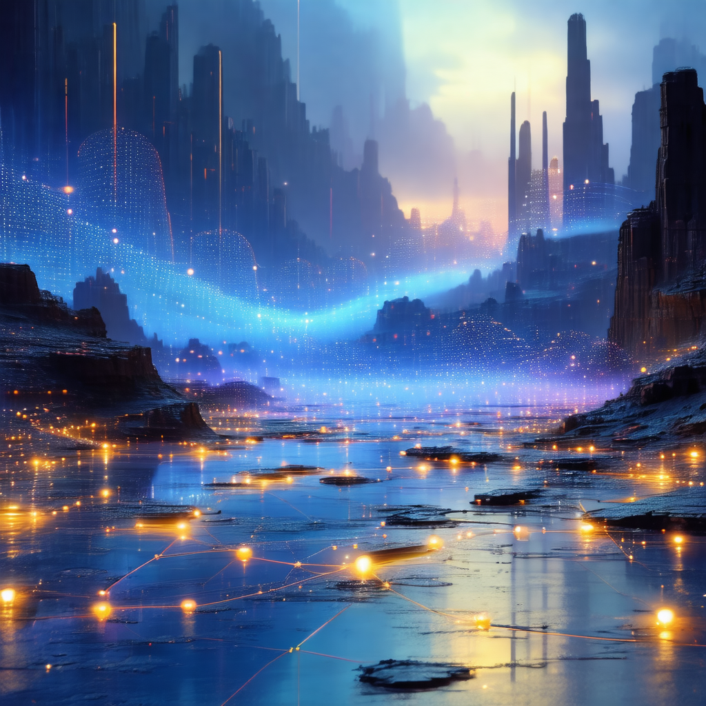 Futuristic cityscape with a large body of water in the fo...