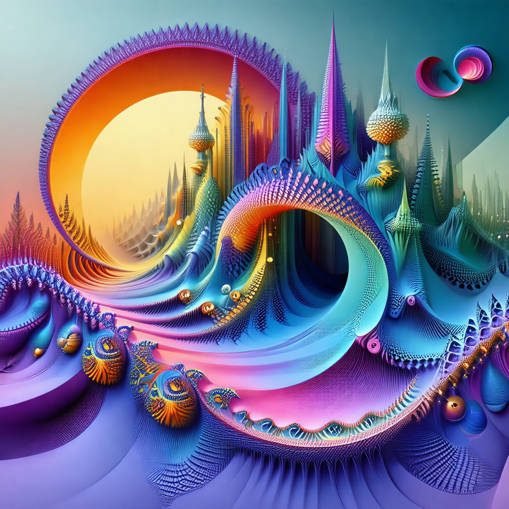 Colorful and intricate digital artwork featuring a citysc...