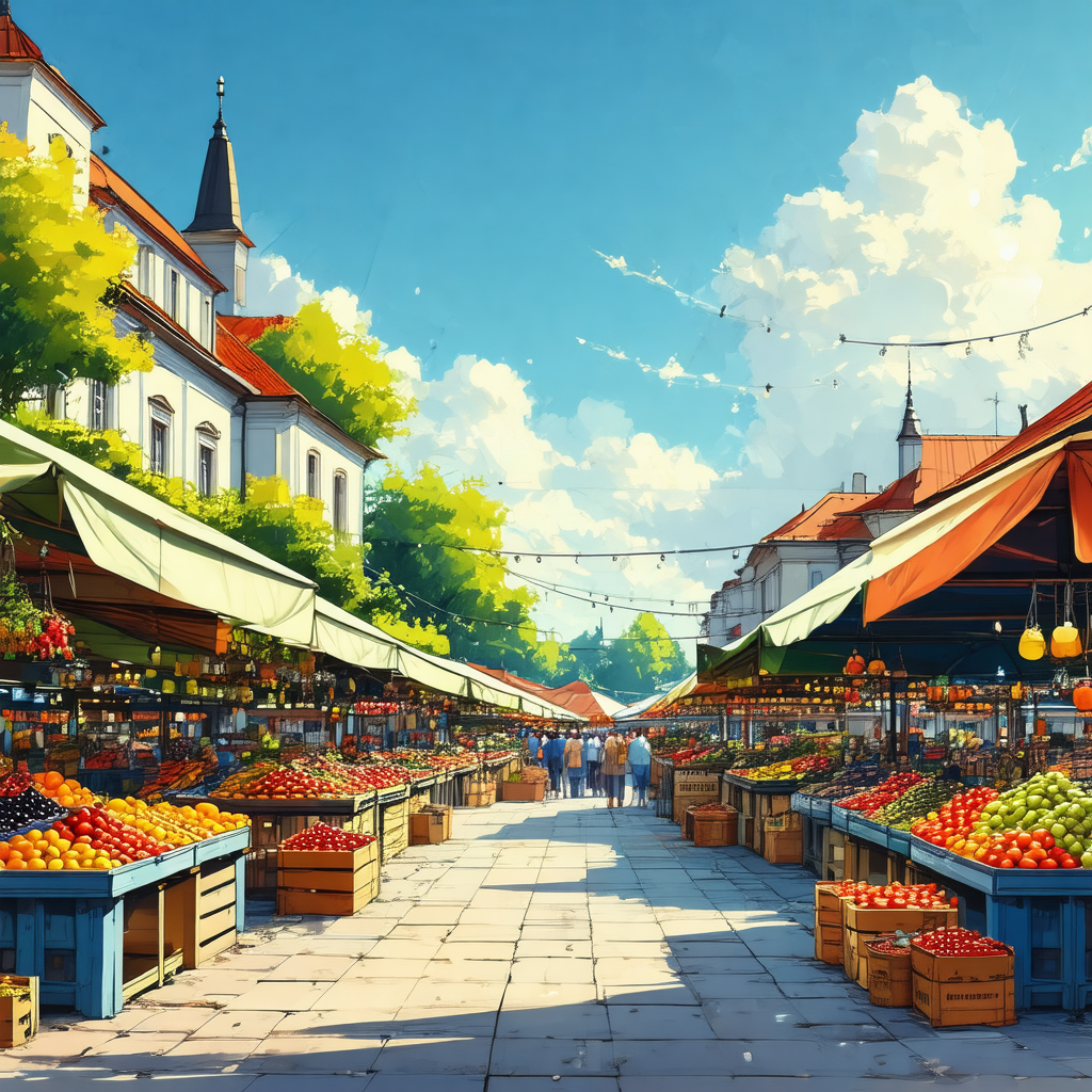 Bustling farmers market with a variety of fresh fruits an...