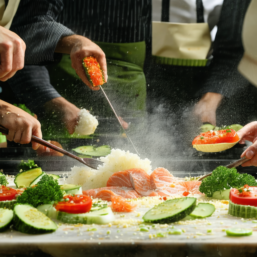 Group of people gathered around a table, preparing food t...