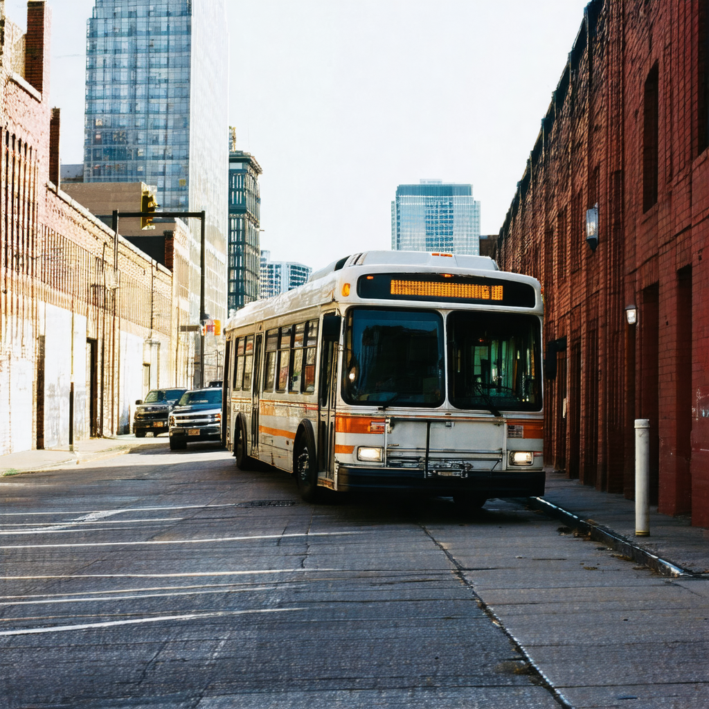 City bus driving down a street, surrounded by tall buildings