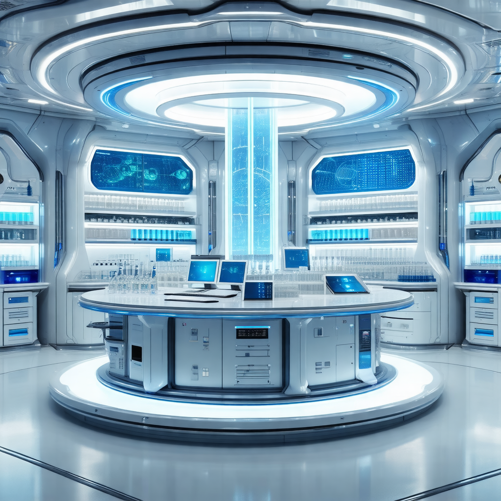 Futuristic laboratory with a large circular table in the ...