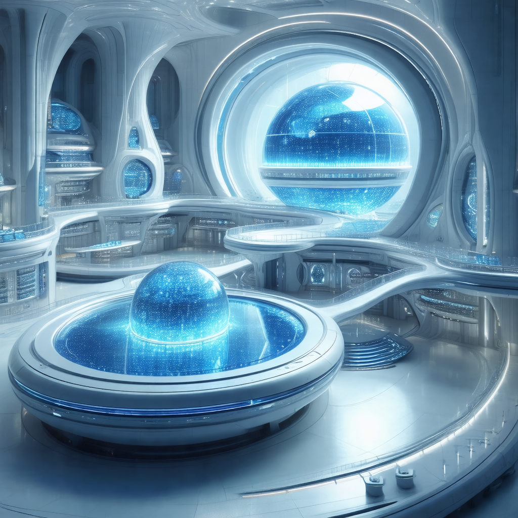 Futuristic, computer-generated scene of a large, open bui...