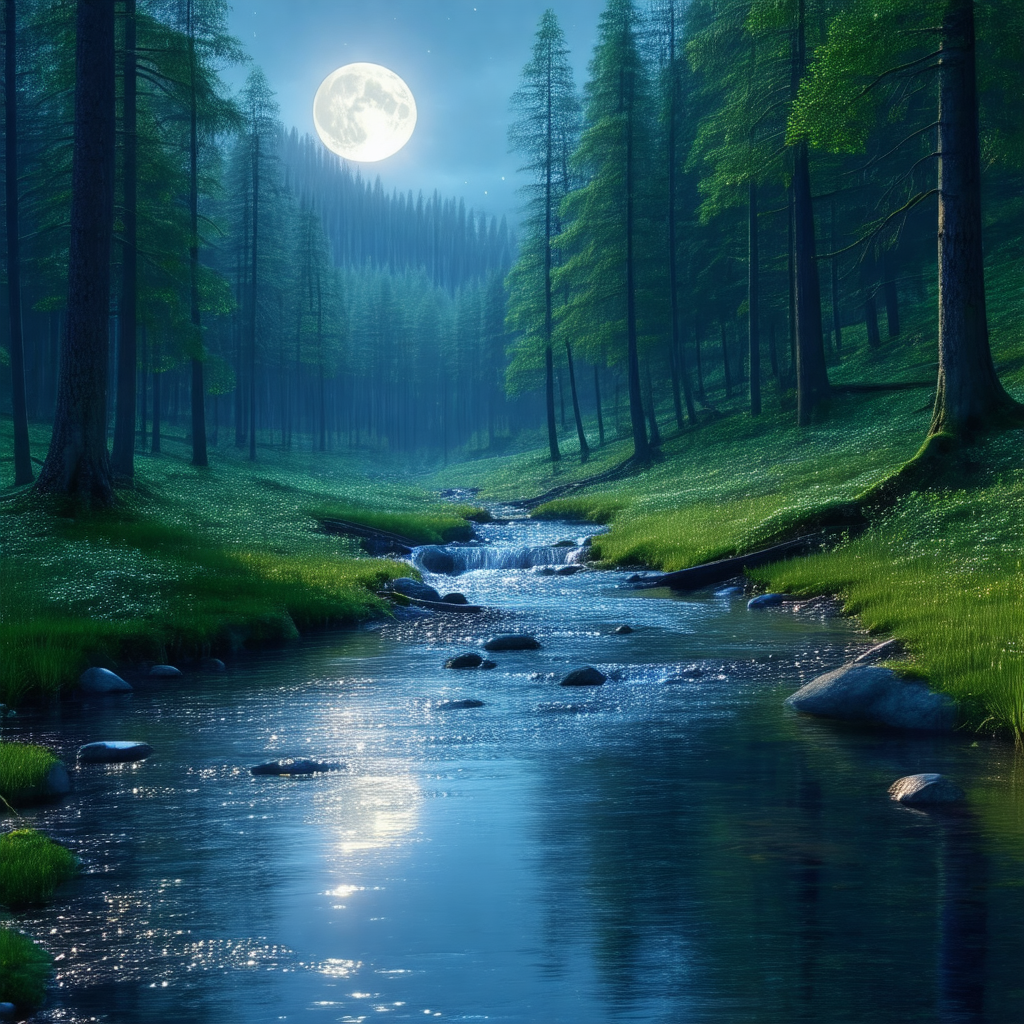 Serene scene of a river flowing through a forest at night