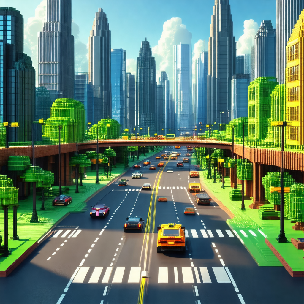 Computer-generated (cgi) depiction of a busy city street ...