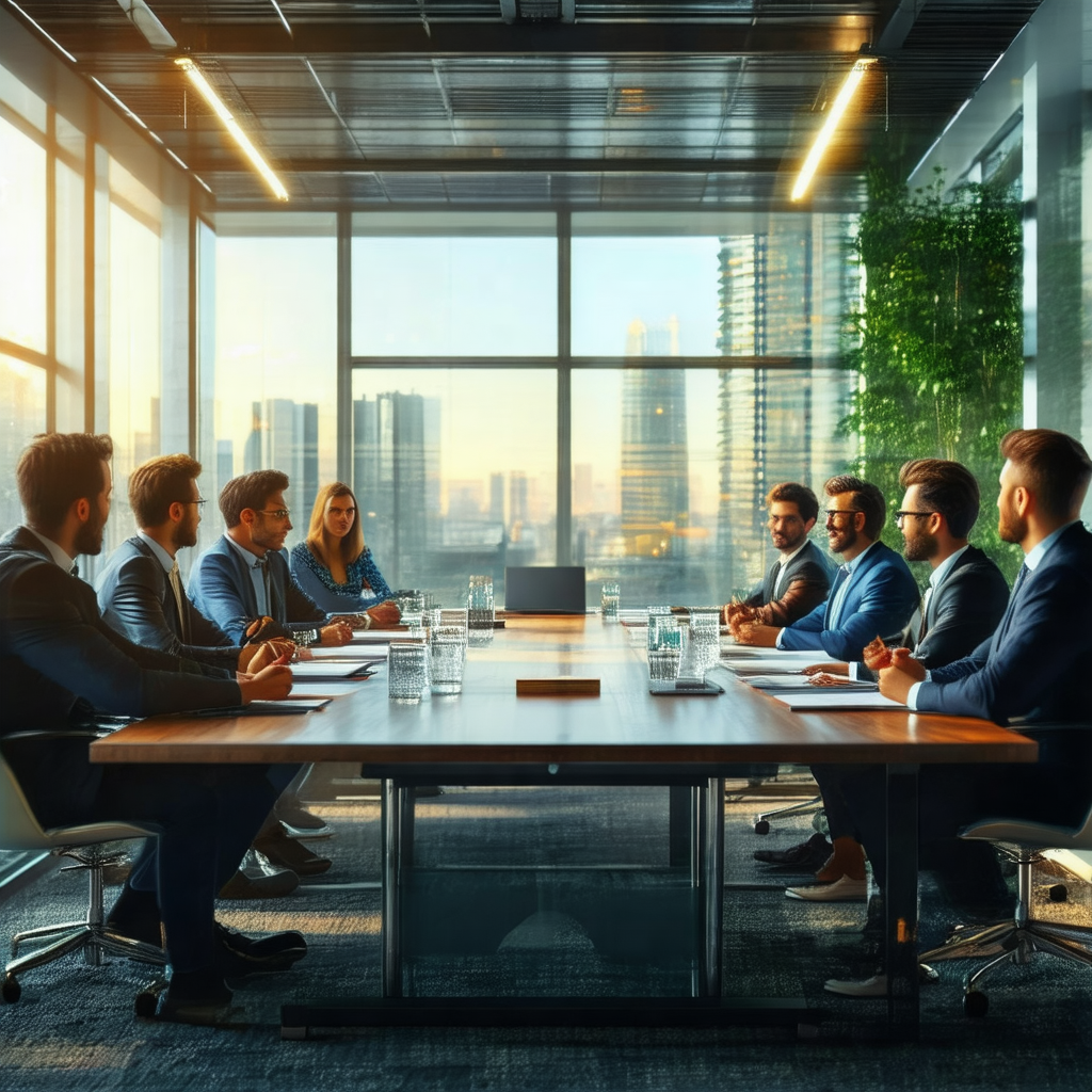 Group of people sitting around a large conference table i...
