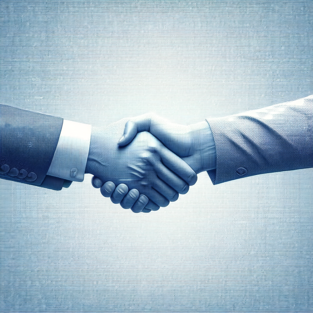 Two men are shaking hands in a blue room