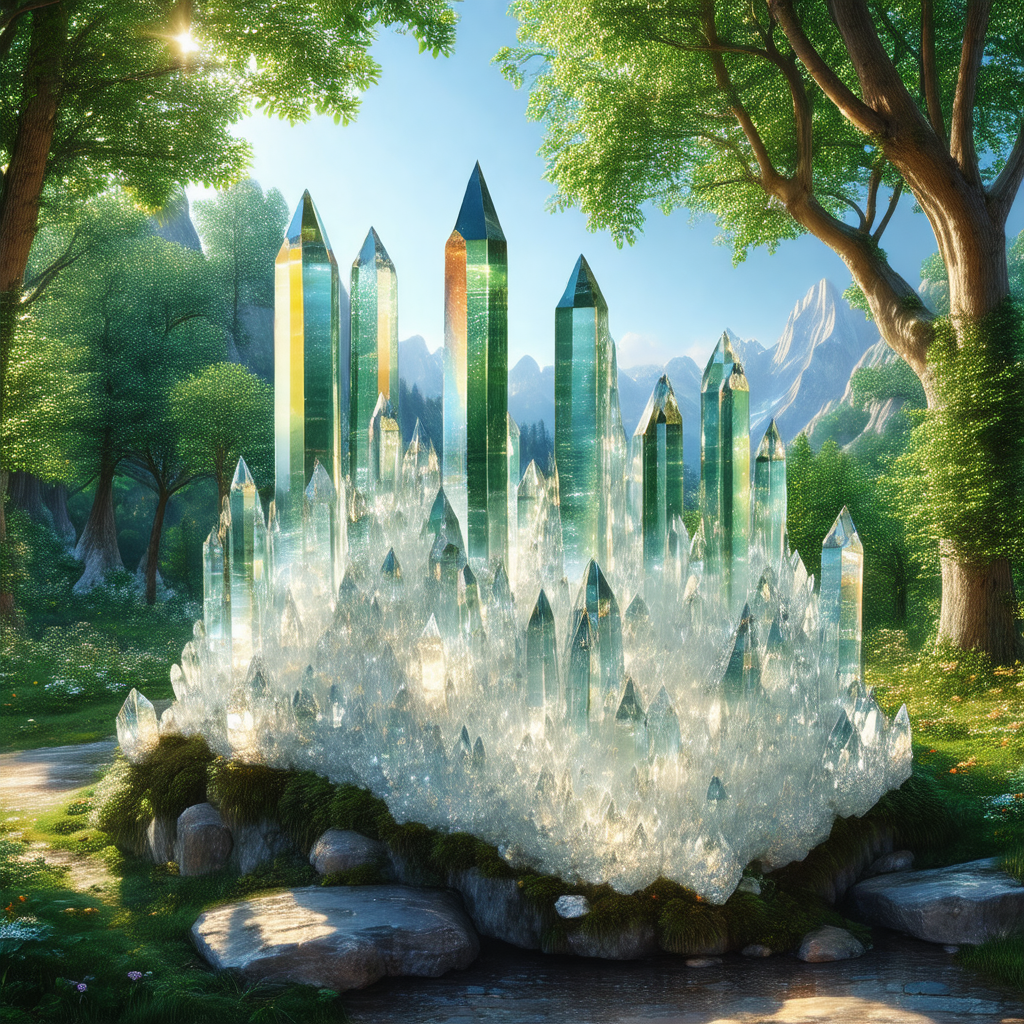 Beautiful forest with a large, crystal-like structure in ...