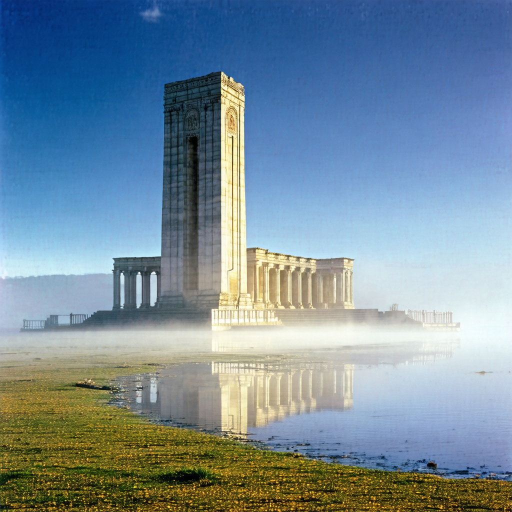 Large, white, stone building situated on a grassy field