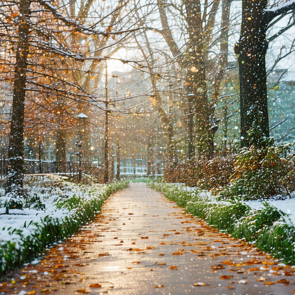 Captures a beautiful scene of a snow-covered path surroun...