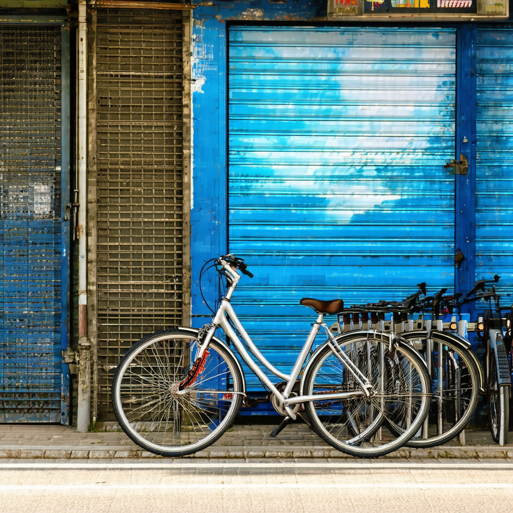 White bicycle parked in front of a blue building