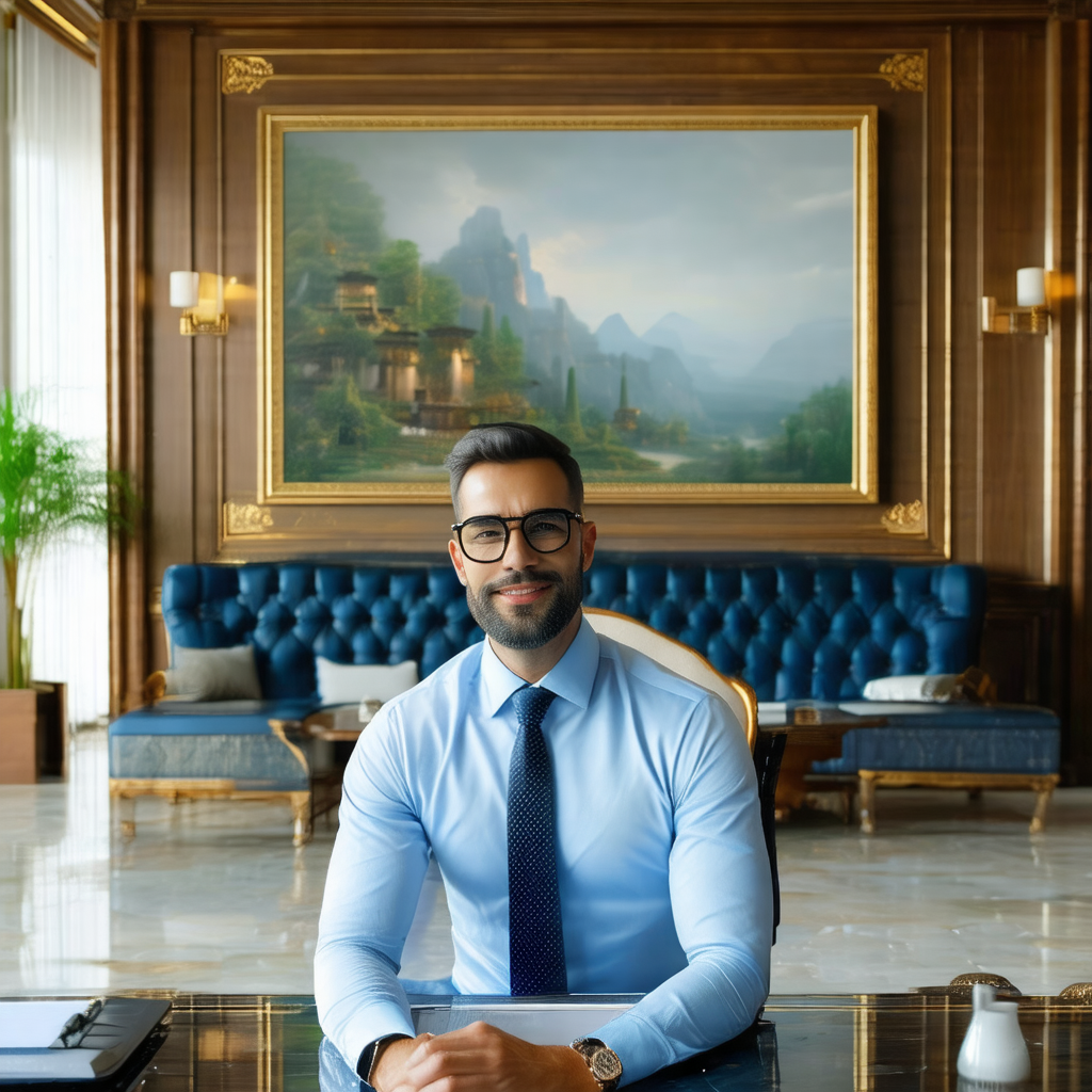 Man wearing a blue shirt and glasses, sitting in a chair ...