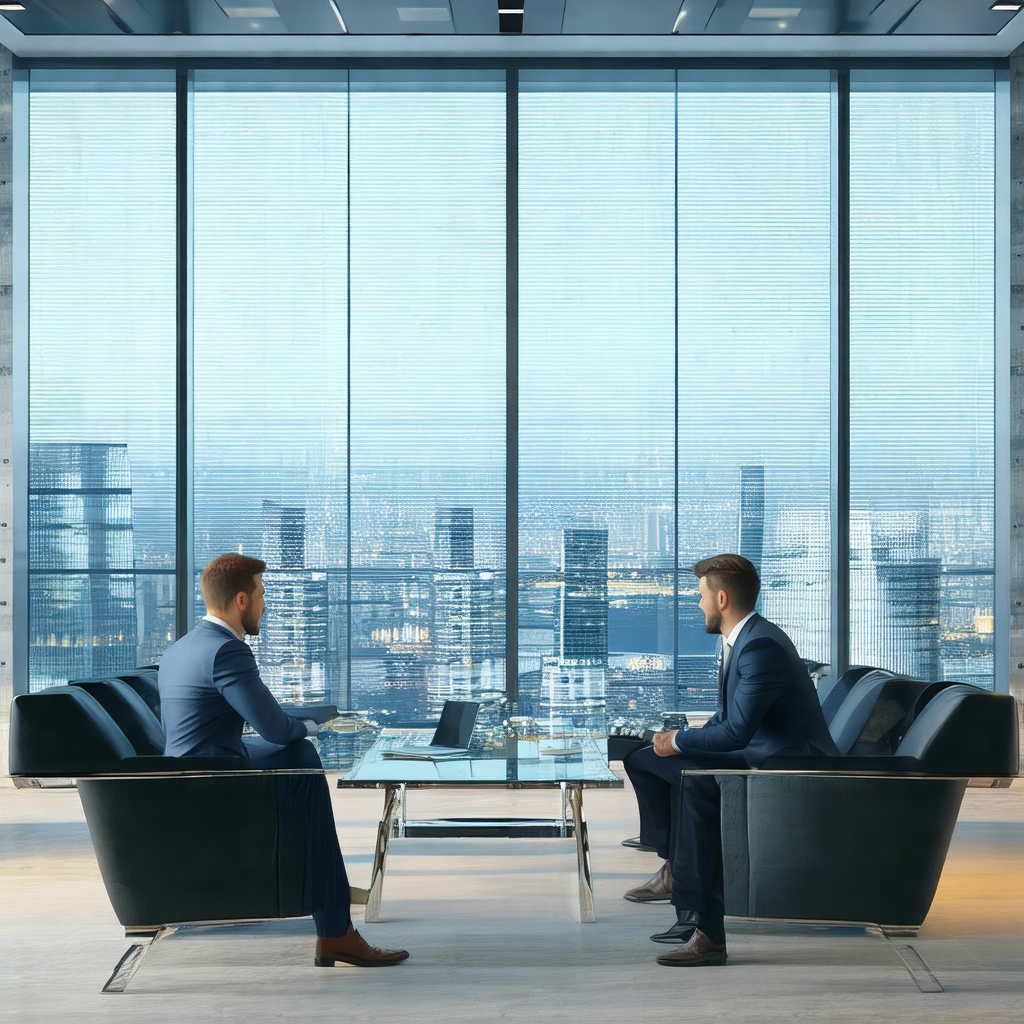 Two men sitting in a conference room, engaged in a conver...