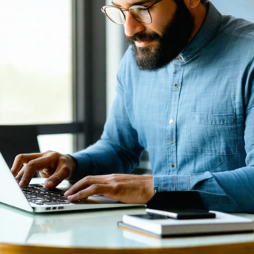 Man sitting at a desk, working on a laptop computer