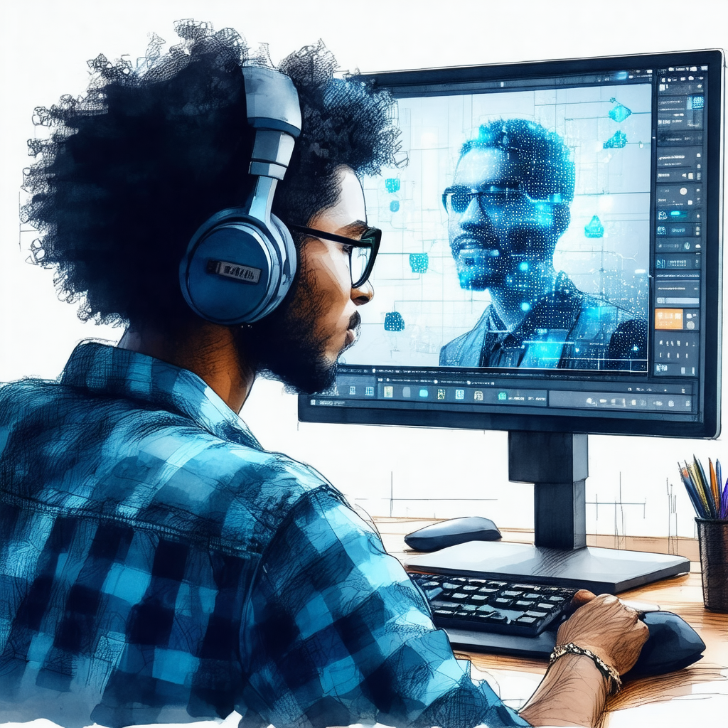 Cartoon drawing of a man wearing headphones and glasses, ...