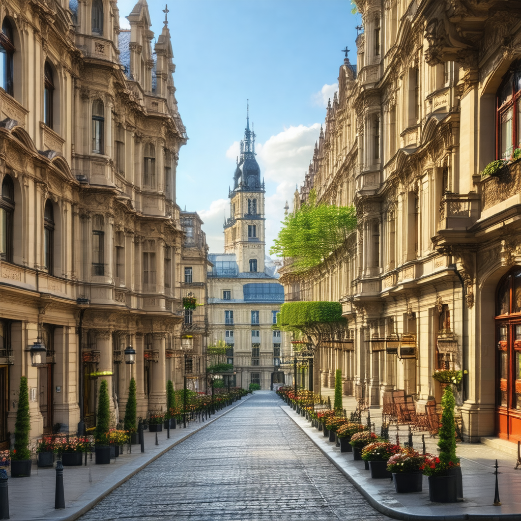 Narrow street in a city, lined with tall buildings on bot...
