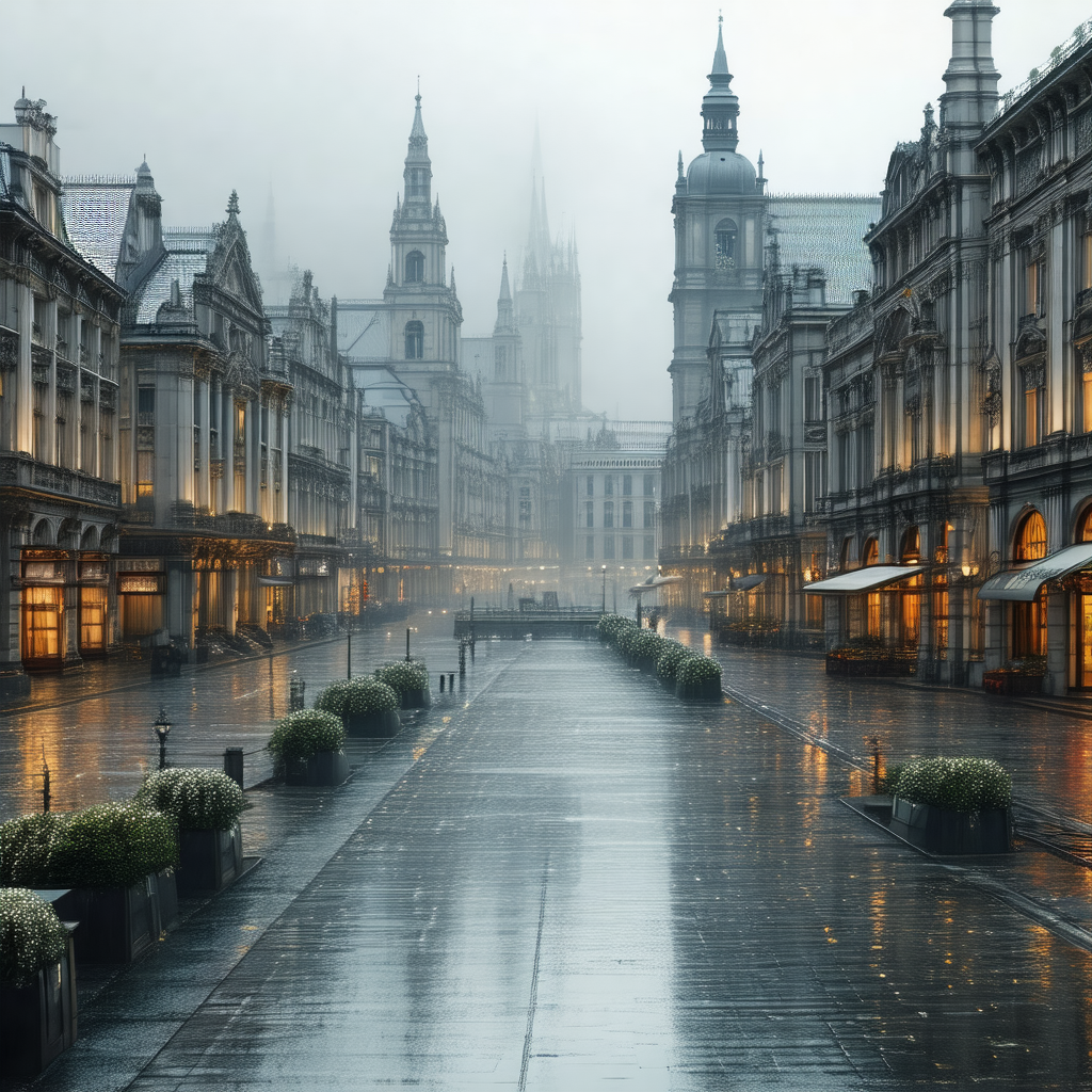 Rainy day in a city, with a wet street and a few building...