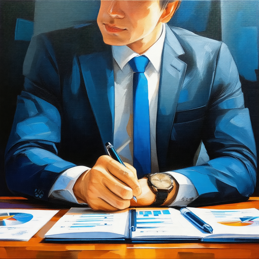 Man wearing a suit and tie, sitting at a desk and writing...