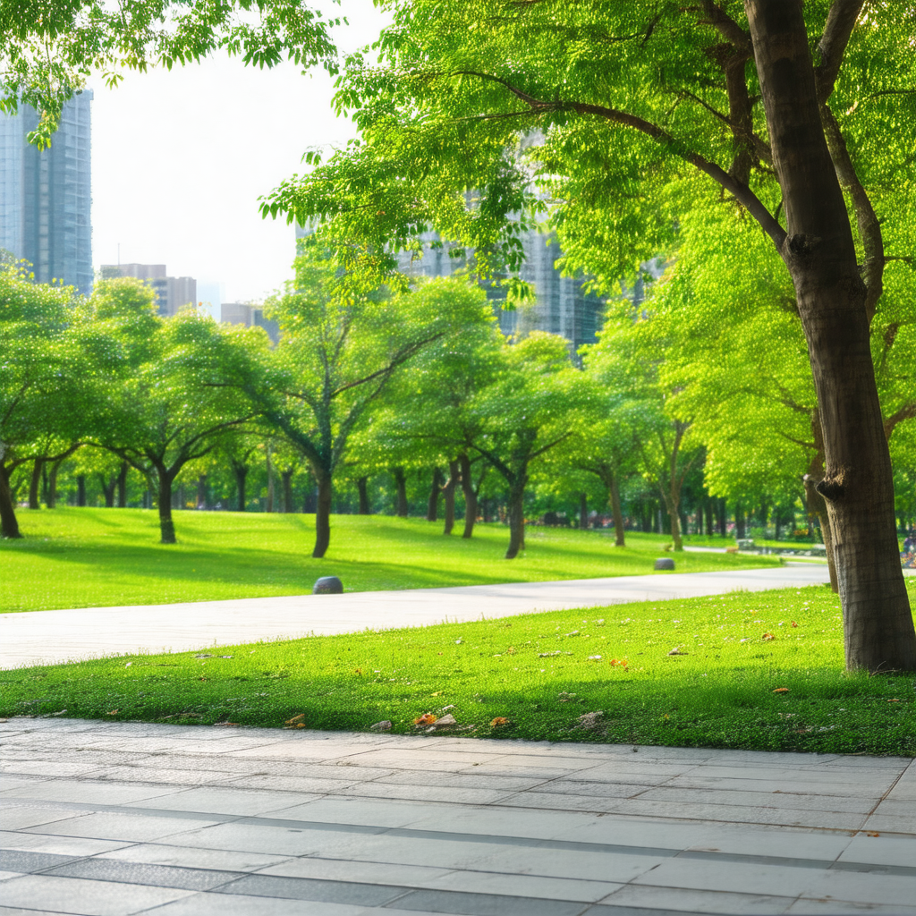Large, lush green park with a pathway running through it
