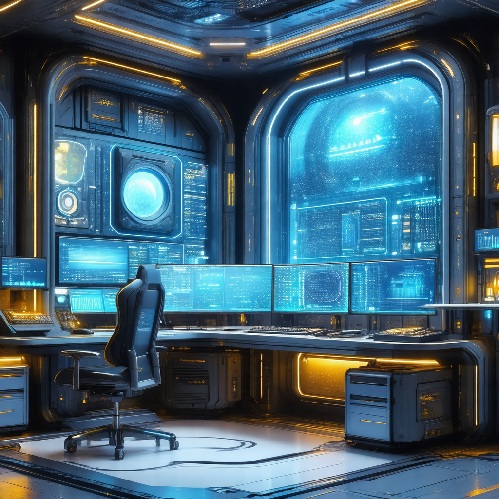 Futuristic computer lab with a large number of computer s...