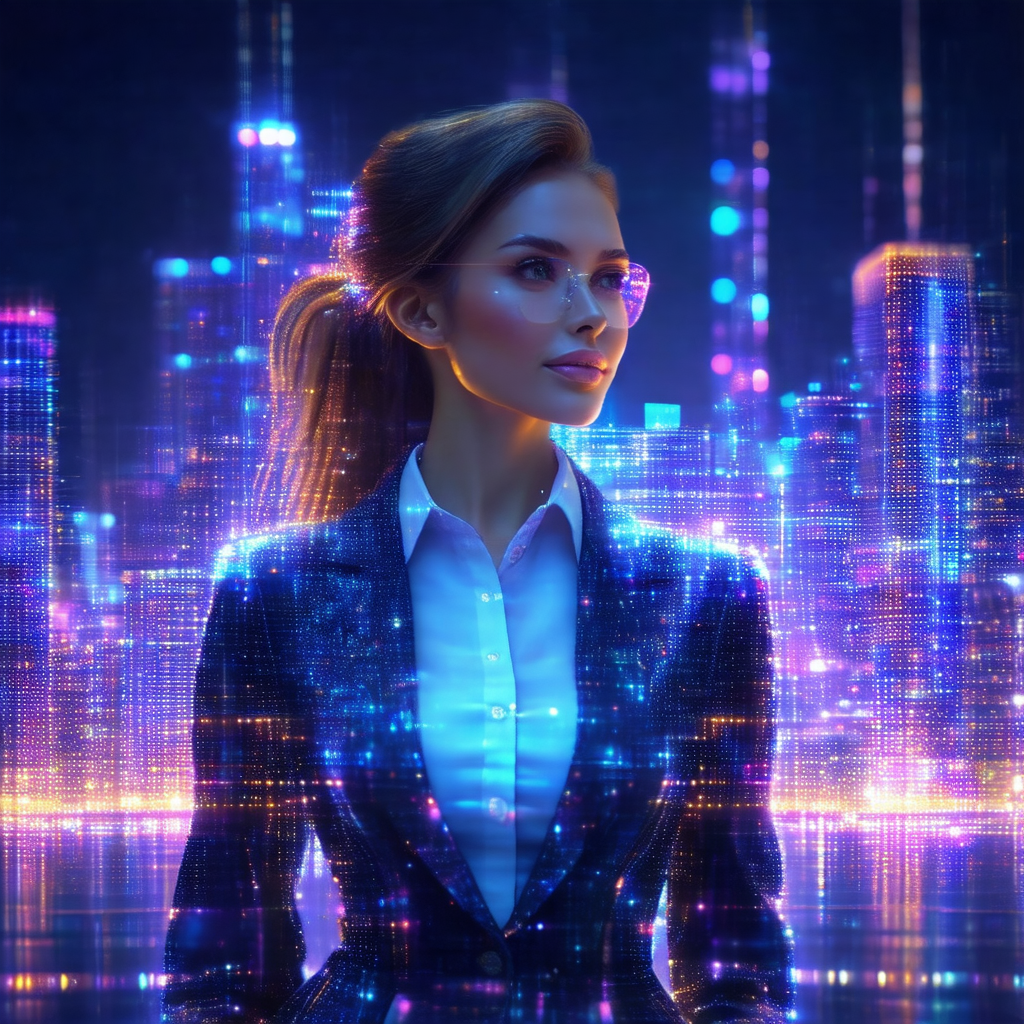 Woman wearing a suit and tie, standing in front of a futu...