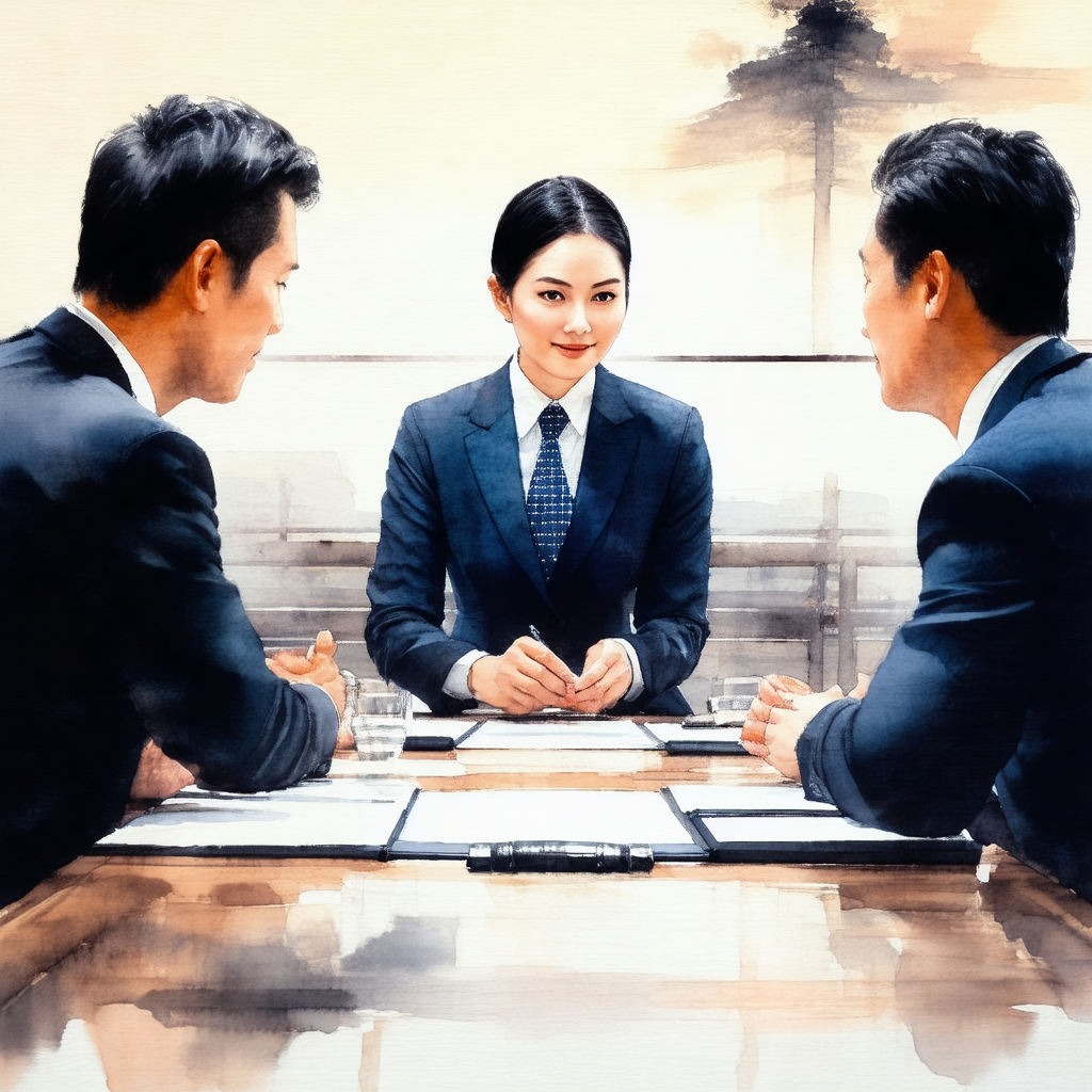Woman sitting at a table with three men