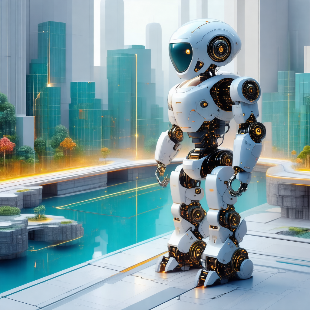 Futuristic robot standing in a cityscape