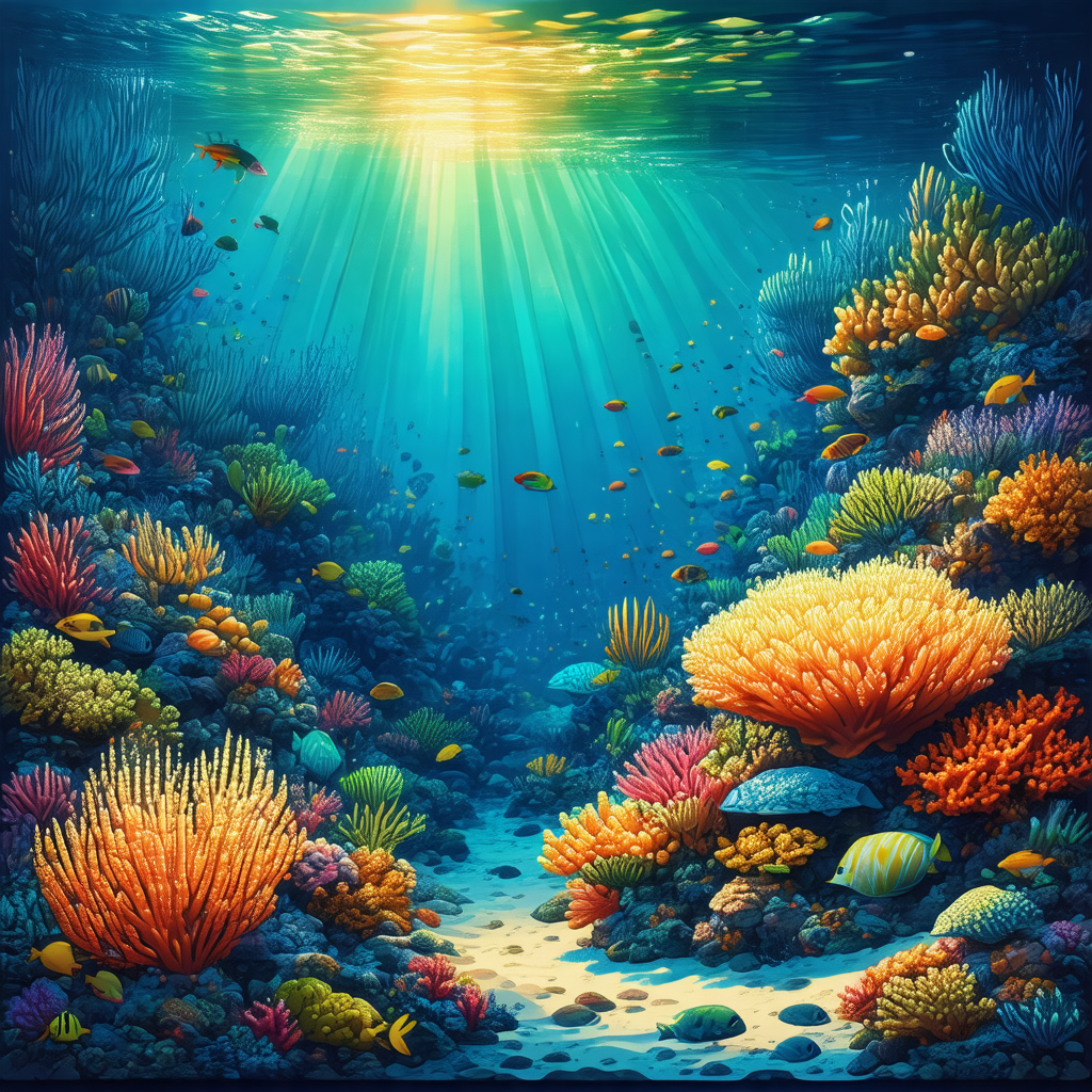 Colorful and detailed painting of a coral reef underwater