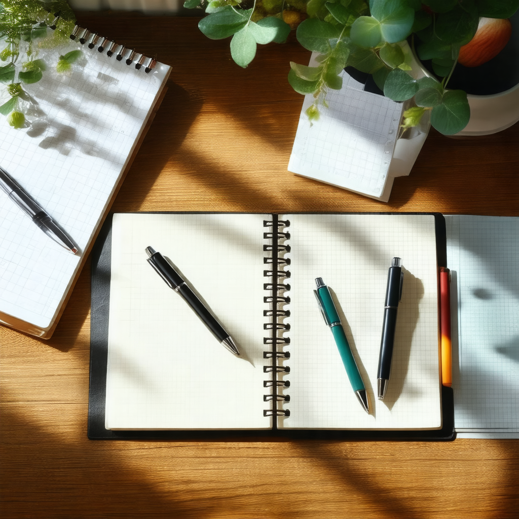 Wooden desk with a variety of writing instruments and not...