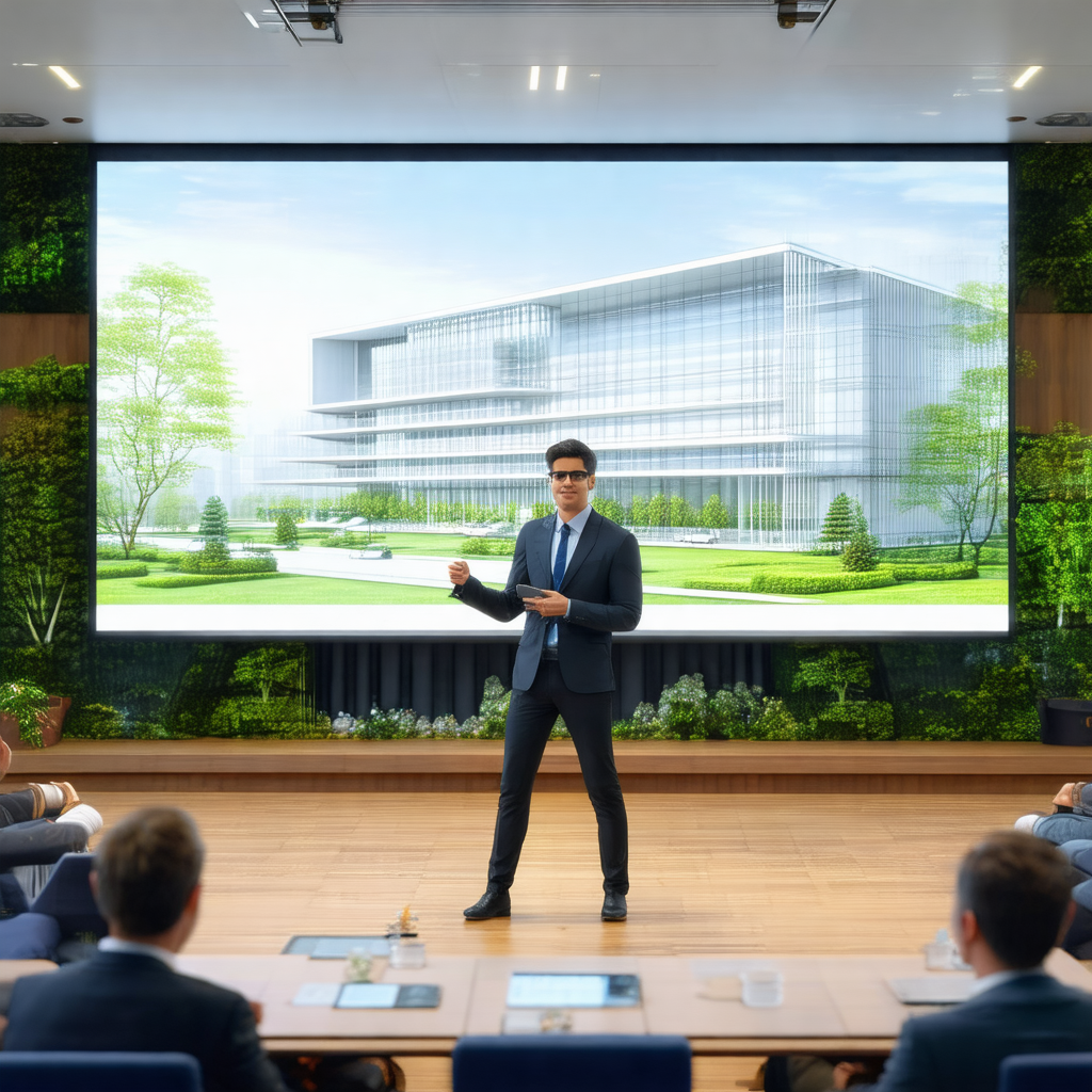 Man standing in a room, giving a presentation or lecture