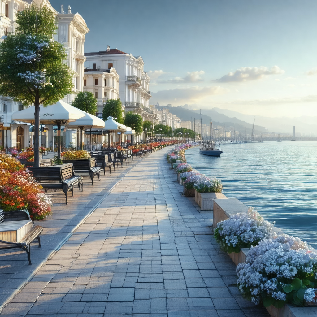 Beautiful waterfront scene with a long row of benches lin...