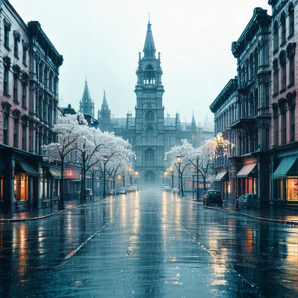 City street at night, with a large clock tower towering o...