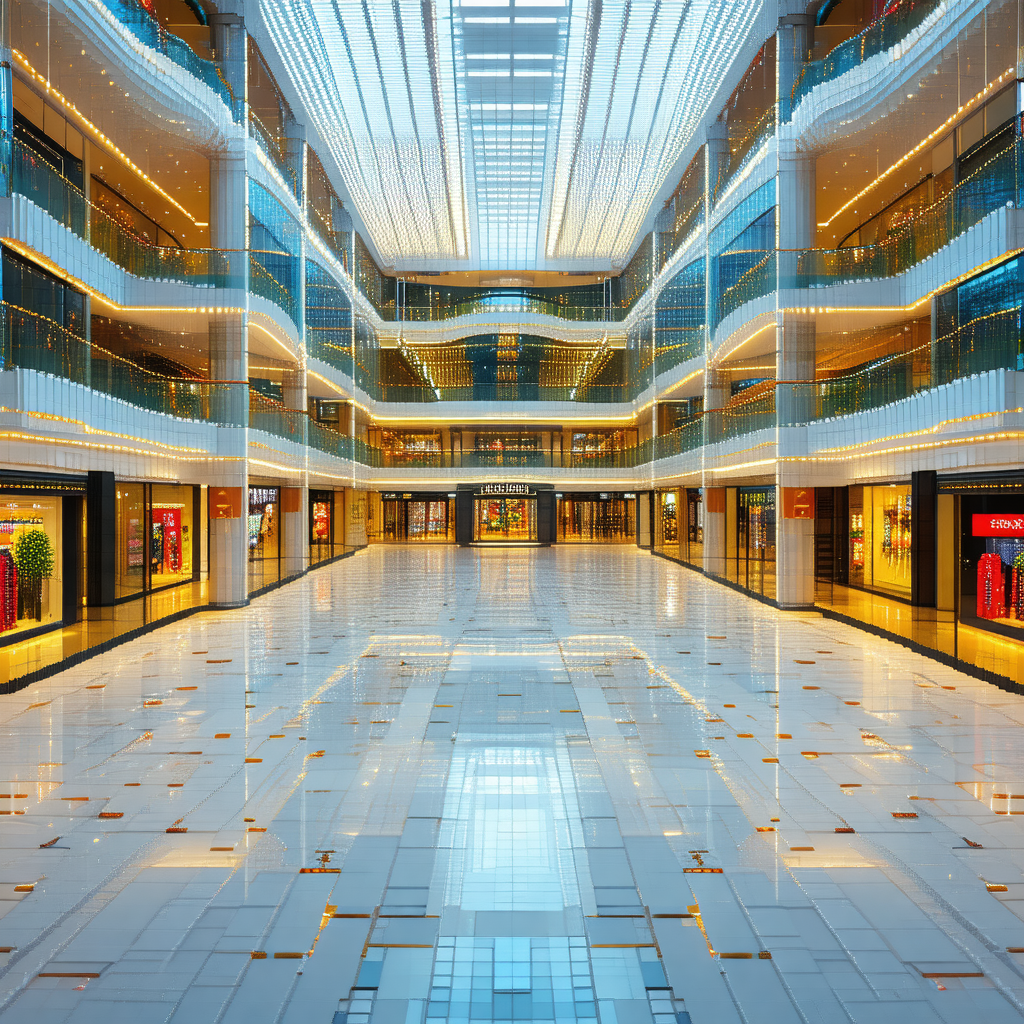Large, open, and modern shopping mall with a glass ceiling