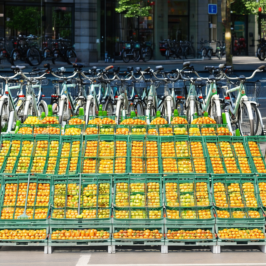 Large display of fresh fruit, including apples and orange...