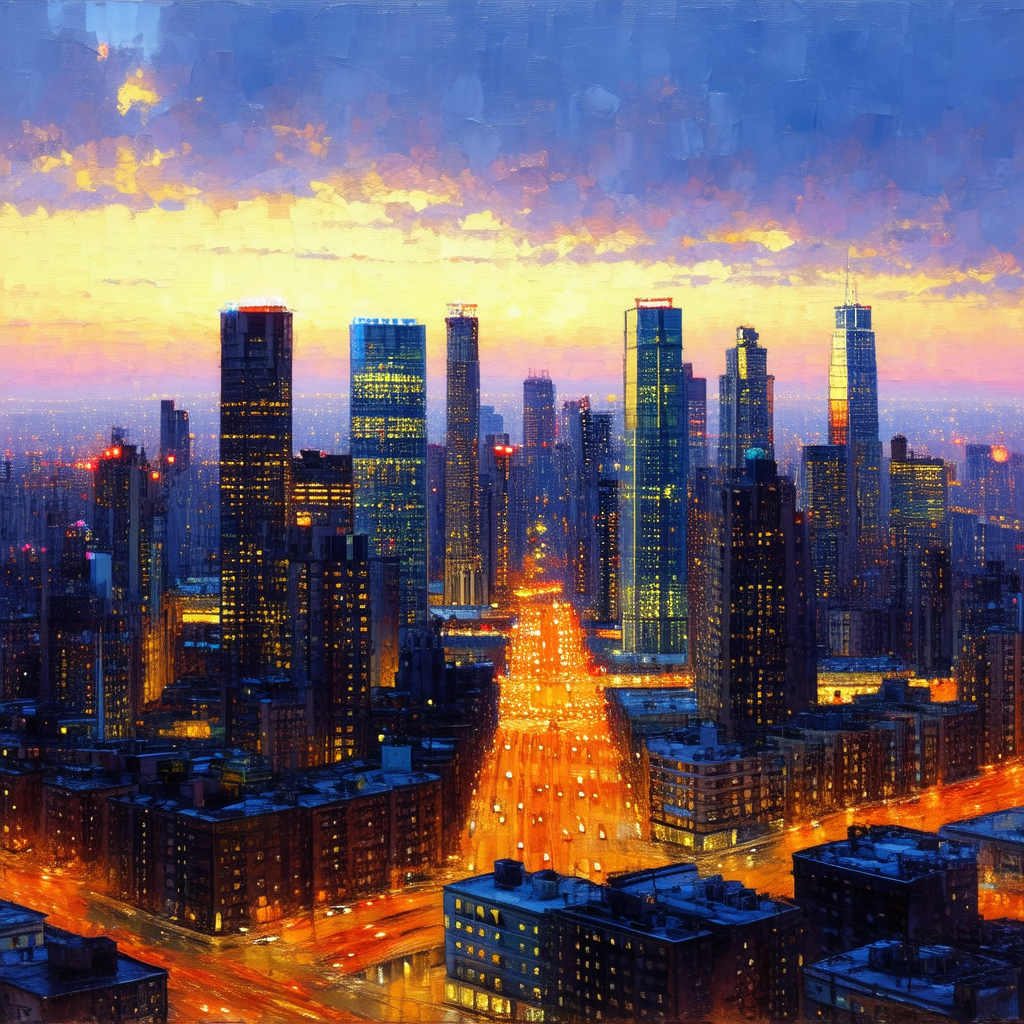 Painting of a city at night, with a large cityscape in th...
