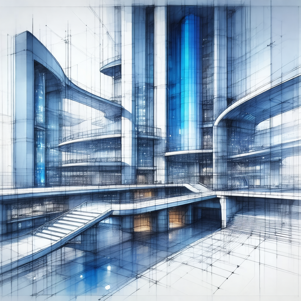 Blue and white drawing of a large building with a spiral ...